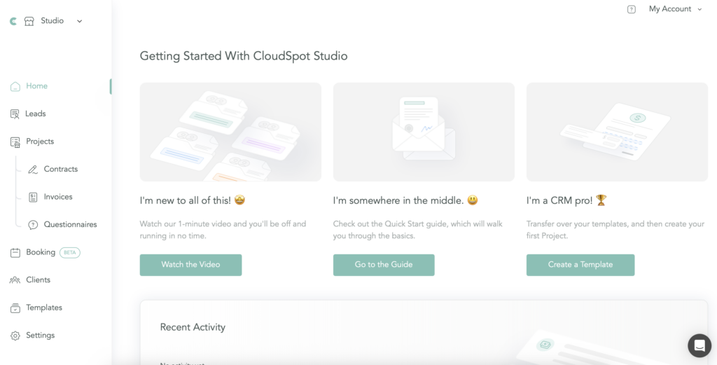 CloudSpot Studio homepage showing additional business features.